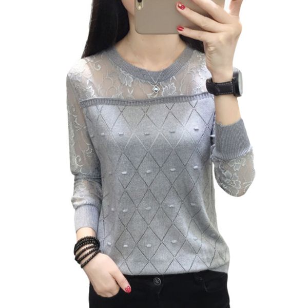 

women lace autumn shirt long sleeve knit stitching embroidery cute loose round collar top, White;black