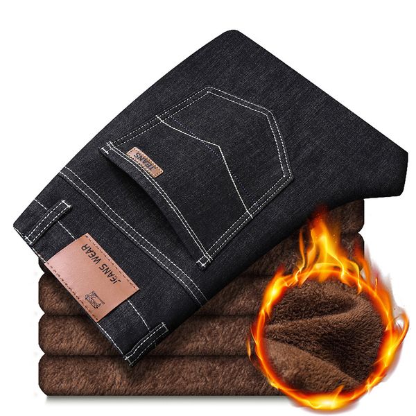 

2019 men fashion winter jeans / men black color slim fit stretch thick pants / male warm jeans casual fleece trousers, Blue