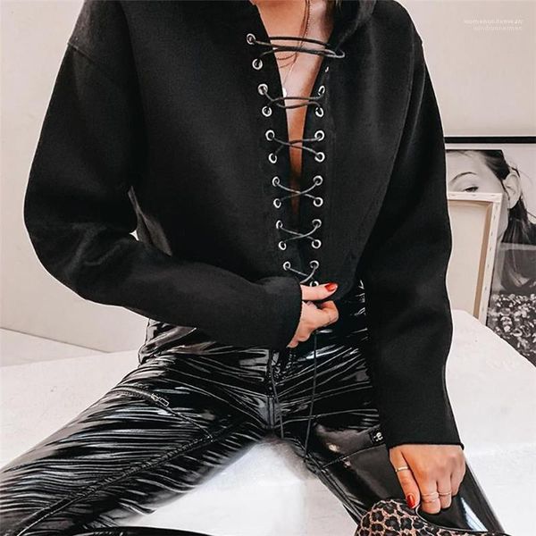 

fashion loose solid color bind womens hoodies casual females clothing personality hole lacing womens designer hoodies, Black