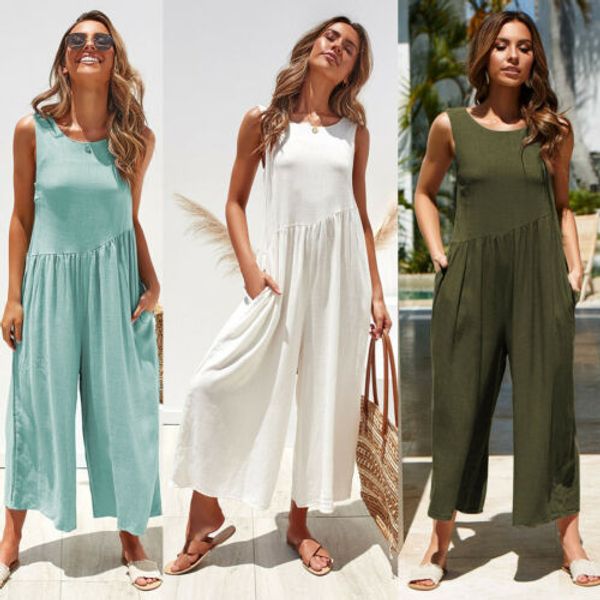 

2019 fashion women casual jumpsuit romper sleeveless loose wide leg pants clothes, Black;white
