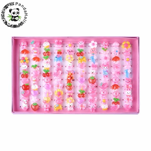 

100pcs/set resin kids rings cute candy colorful cartoon animals flower heart children rings with display box birthday gifts, Golden;silver