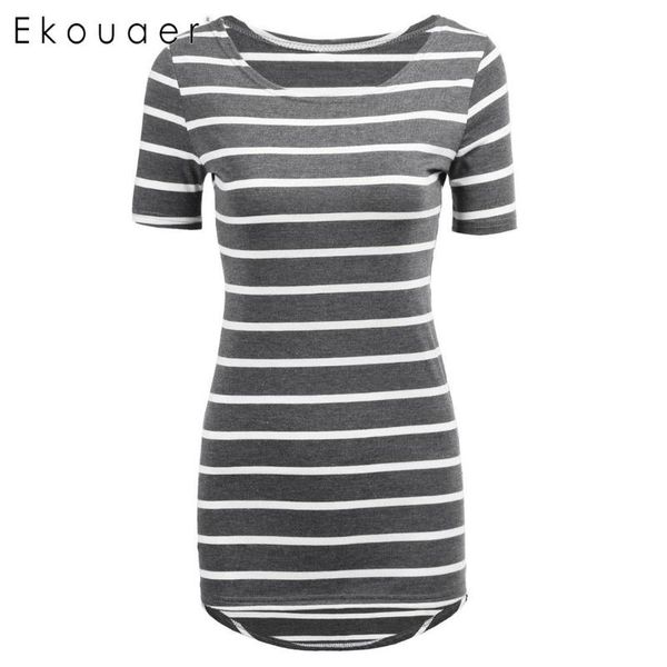 

ekouaer women casual summer t shirts short sleeve striped long t-shirt ladies cothes 6 colors, White