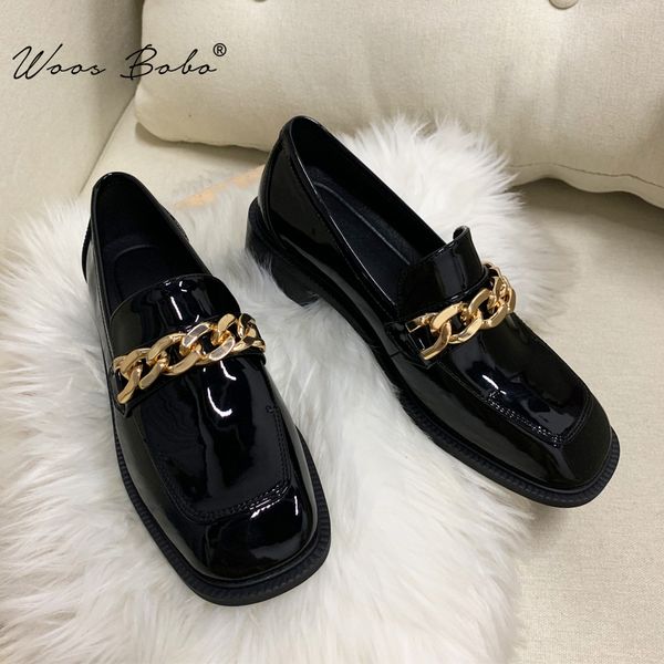 

patent leather loafers women square toe gold chain women pumps 2019 fashion british style soft leather retro single shoes, Black