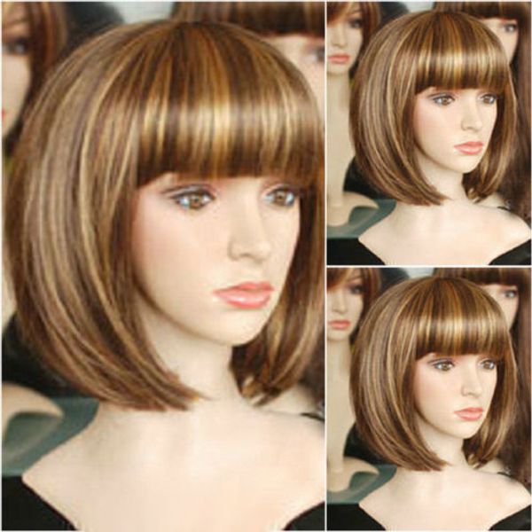 

brown mix gold blonde short straight bob women's lady's hair wig wigs, Black