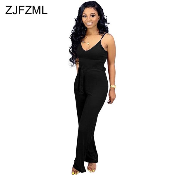 

spaghetti strap rompers women jumpsuit deep v neck sleeveless wide leg bodysuit summer backless sashes full length overall, Black;white