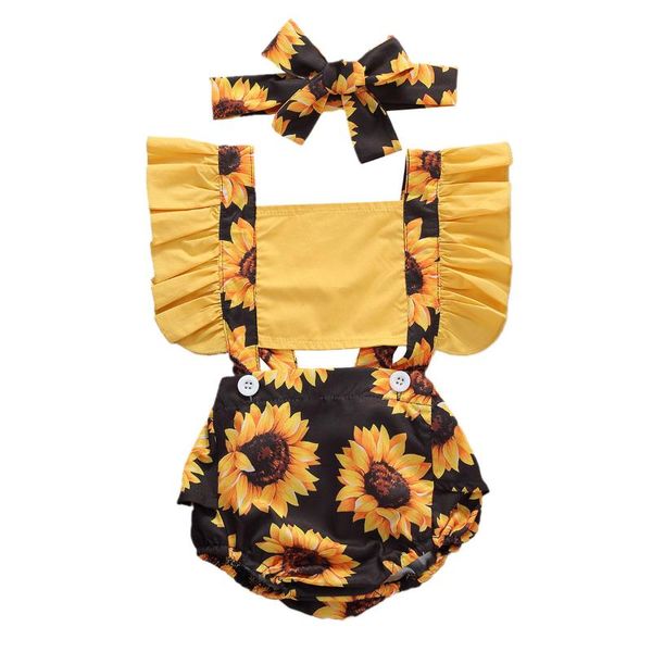 

focusnorm infant baby girls boys rompers 2pcs sunflowers bodysuits ruffles sleeve jumpsuits headband clothes set 0-24months, Blue