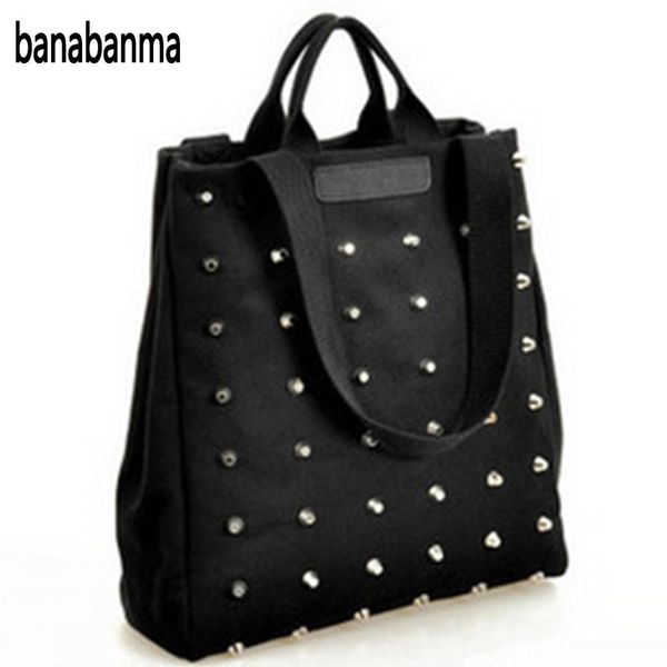 

banabanma fashion leisure canvas women's punk style rivets handbag classic black all-match shoulder bag 2017 retro zk30