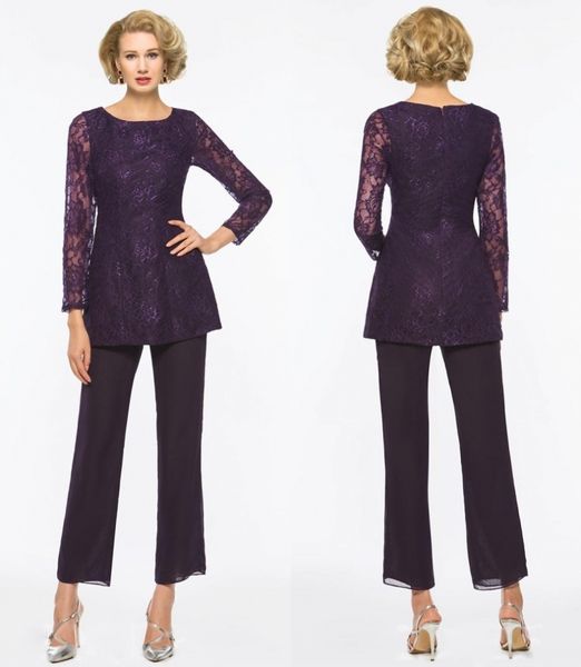 

elegant purple mother of the bride pant suits for weddings two pieces lace long sleeve mothers formal wear outfit garment plus size sh363, Black;red