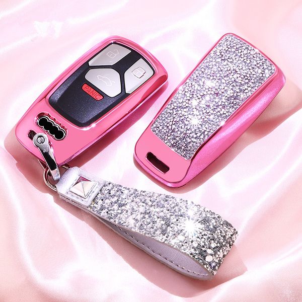 

diamond car key cover for a4 new a4l a5 a6l qt s4 s5 s7 b9 q7s auto smart remote crystal sequins key case shell keychain