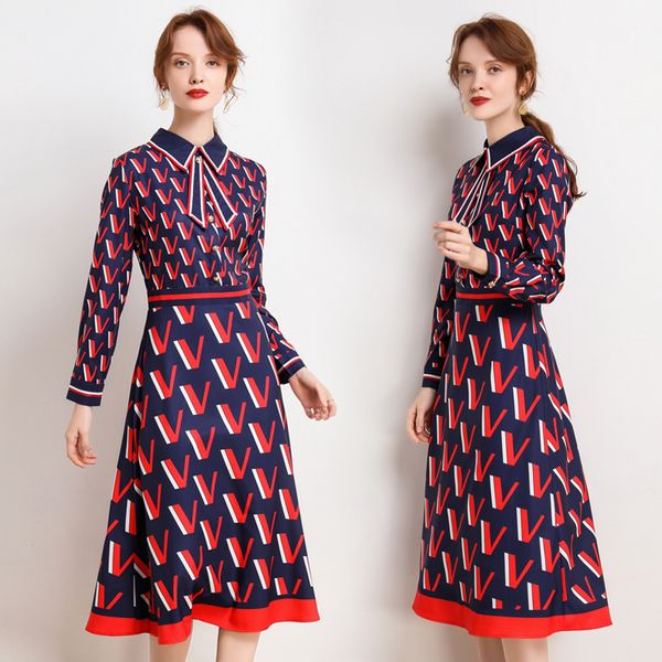 

2020 blue runway designer dress women long sleeve lapel neck printed party prom ladies button shirt dress elegant office a-line dresses, Black;pink
