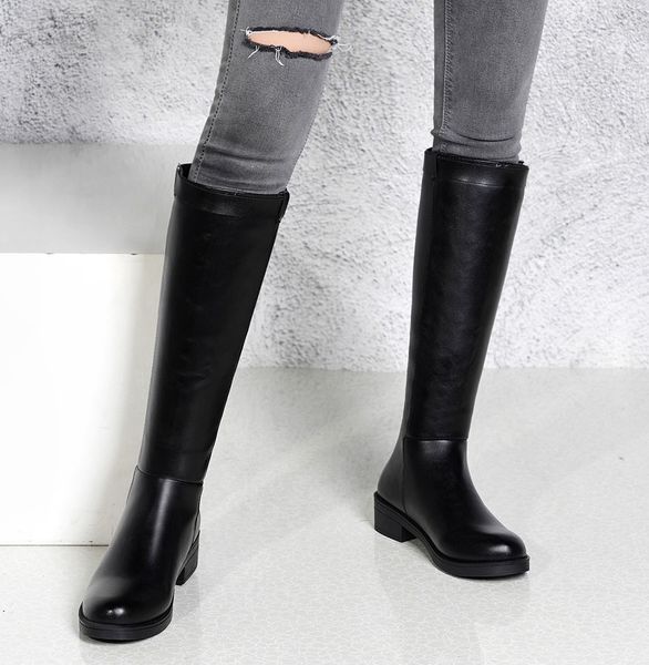 

autumn and winter Knee-High Bare Boots Women's Long Tube Round Toe Zipper Square Heel Long Booties wild Shoes women's boots, Black