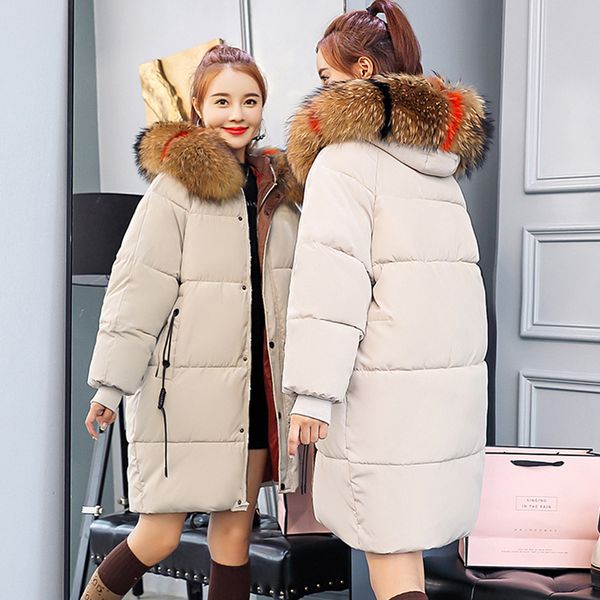 

new winter coat 2018 new solid color womens winter jackets medium length thicken loose hooded big fur collar female parkas s334, Black