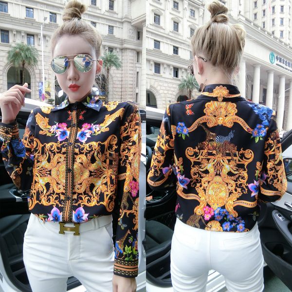 

latest runway women's baroque print shirts plus size long sleeve lapel neck vintage ladies button blouse slim office designer shirt, White