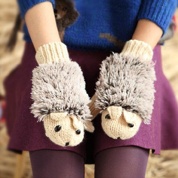 

women winter new gloves without fingers knitting wool cute warm mittens fingerless cartoon hedgehog warm gloves chic accessories, Blue;gray