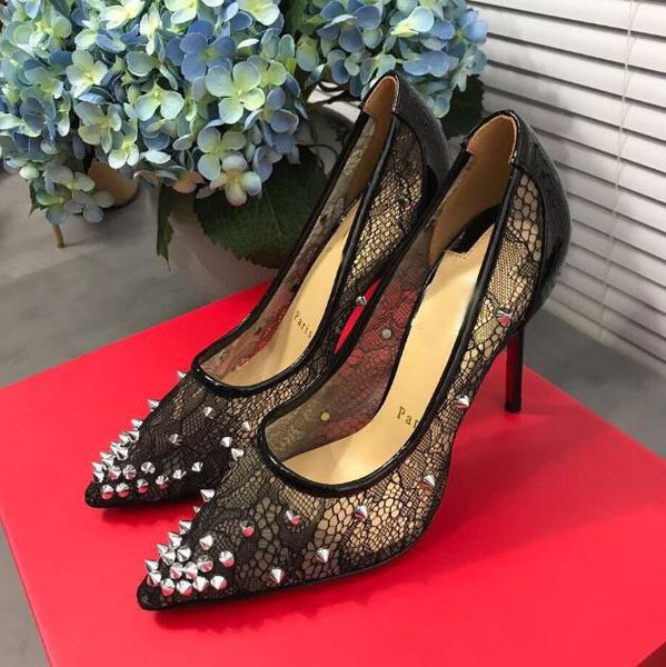 

orignal box] new arrival womens red bottom real leather high heels sandals slingbacks lace rivet shoes 35-41, Black