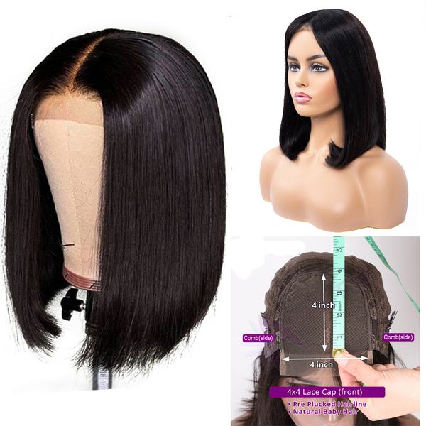 

9a 150% density peruvian human hair bob straight human hair 4x4 lace front wigs 100% peruvian human hair wigs straight bob wig, Black;brown
