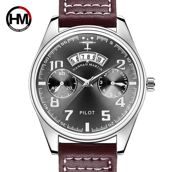 

prince pilot mens sports watches business calendar man erkek kol saati leather quartz male waterproof wrist watch, Slivery;brown