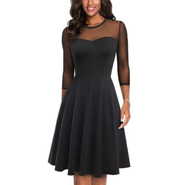 

elegant mesh lace patchwork vestidos business party swing flare women autumn dress, Black;gray