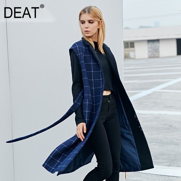 

deat] 2019 autumn winter fashion new pattern high-end quality women's plaid cardigan in long wool sleeveless wool coat at700, Black