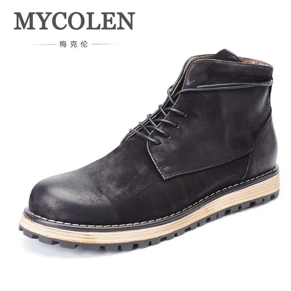 

mycolen new arrivals men's boots genuine leather men handmade solid fashion lace-up boots handmade winter bota militar, Black