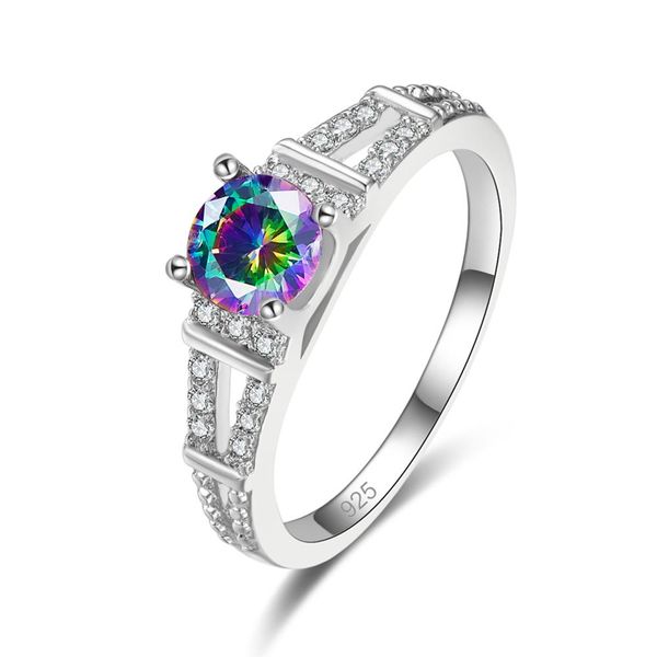 

round cut rainbow & white wedding jewelry 925 silver ring wedding valentine gift, Slivery;golden