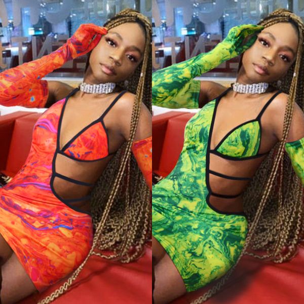 

2020 fashion graffiti style swimwear spaghetti strap hollow out asymmetrical swimsuits lady's summer wear set, White;black