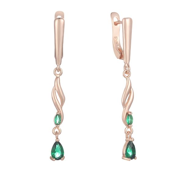 

fj long earrings women 585 gold color rose earring green stone cubic zircon drop dangle earrings, Golden
