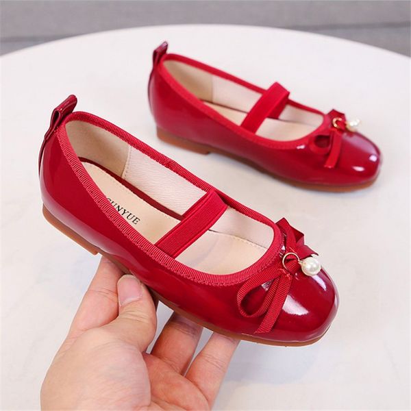 

spring autumn classic red round head children' leather shoes for girl princess shoes flat cute bow pearl kids 3-12 years, Black;grey