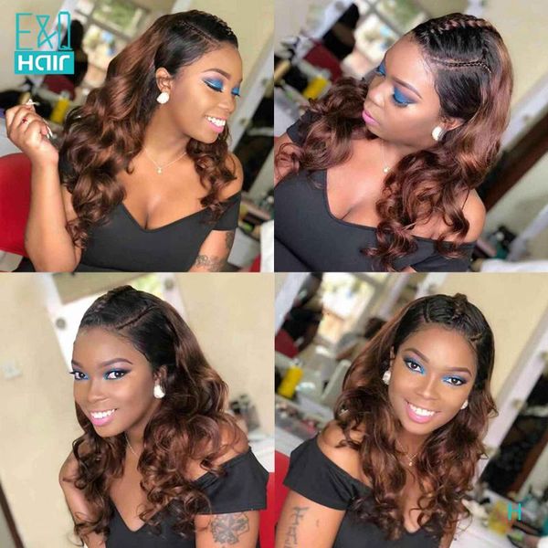 

loose wave lace front human hair wigs for women 1b/30 ombre colored 13x6 lace front wig brazilian remy 360 frontal wig 150%, Black;brown