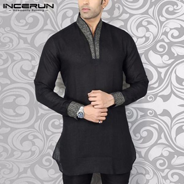 

men clothing shirt casual v neck streetwear long sleeve vintage 2019 camisa patchwork men kurta suit shirts s-5xl incerun, White;black