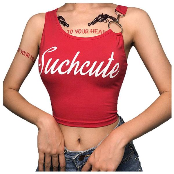 

tops женщины 2020 одно плечо бретели передняя выдалбливают такой милый печати tank tops t shirt summer crop top, White