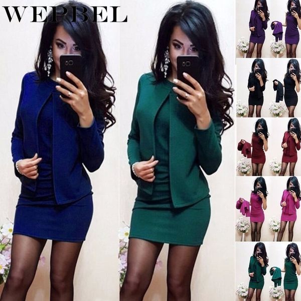 

wepbel spring women solid color long sleeve short jacket multi-layer slim round collar sleeveless short professional suit dress, White;black