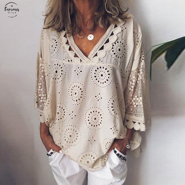 

women blouse hollow out lace patchwork women plus size 5xl geometry v neck summer shirt vrouw blouse large size g8, White