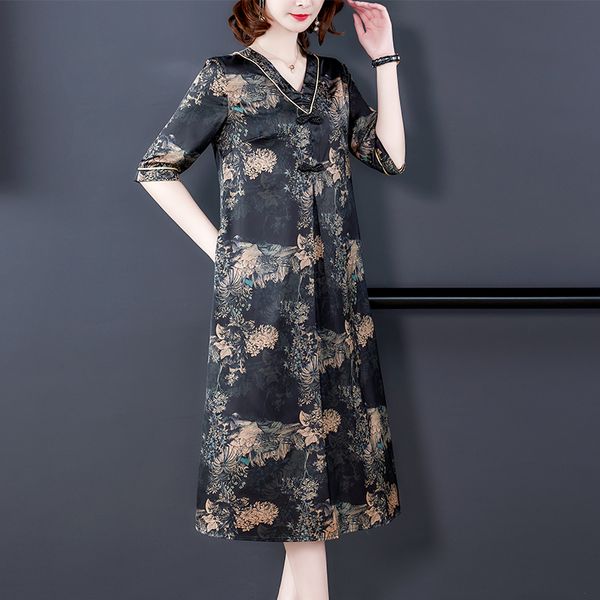 

spring and summer new women dress female half sleeved v-neck print plus size women's ladies fashion vintage mid-calf dress, White;black