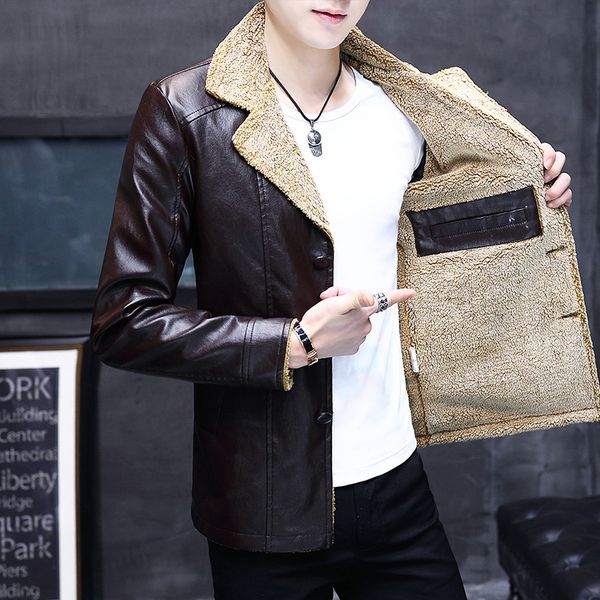 

2019 men's new fund of winters add flocking pu leather lamb leather youth fashion leisure long warm fur collar, Black