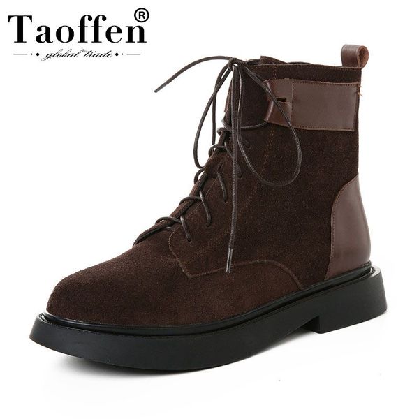 

taoffen genuine leather lady motorcycle boots zipper winter warm comfortable shoes woman flats round toe short boots size 34-40, Black