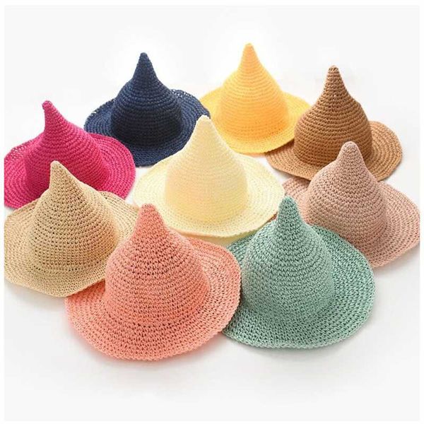 

summer candy kid children steeple wide brim straw hat sun hat visor boy girl baby sun beach three-dimensional cap, Yellow