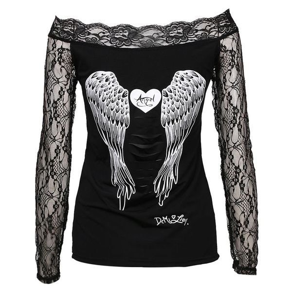 

women clothes blouse women blouses women angel wings back printing long sleeve loose prints shirt casual lace off shoulder blouse cotton, White