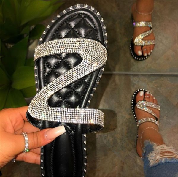 

women 2020 sandals shoes casual outside slippers stick the rhinestone flat buckle slippers 3 colors ph-cfy20050914, Black