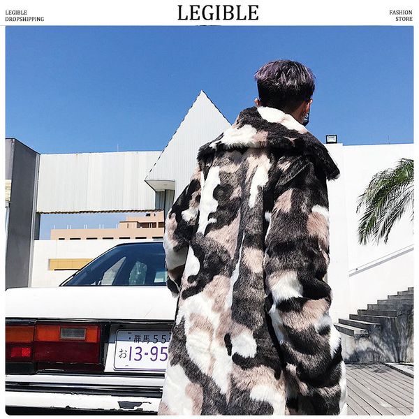 

legible men fashion camouflage faux fur long trench coat mens hip hop thicken warm parkas male 2019 winter windbreaker 3xl, Tan;black