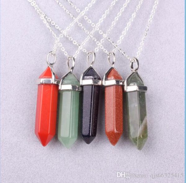 

wholesale 24color/lot assorted natural stone quartz point pendant mixed pillar charms chakra pendulumquartz point pendant, Silver