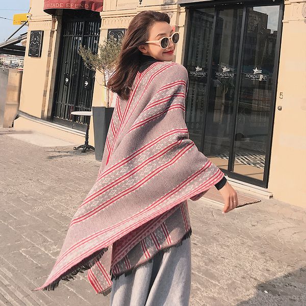 

a new autumn/winter 2019 colorful striped cashmere scarf for women with double purpose has been thickened with a super long scarf, Blue;gray