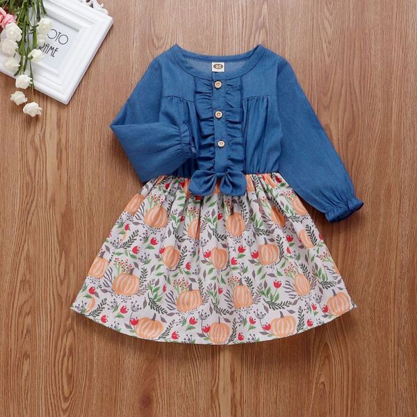 

baby girls dress 2019 fall girls princess dress denim long sleeve with pumpkin print halloween children's clothes, Red;yellow