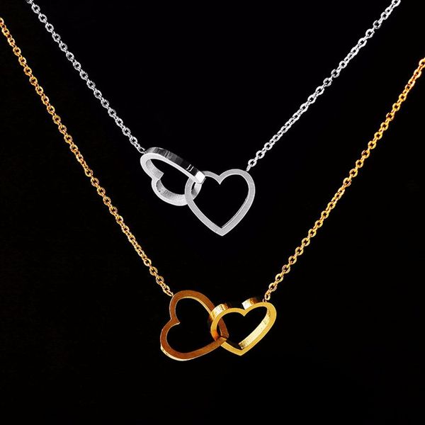 

double heart statement necklace for women gold stainless steel link chian wedding jewelry bijoux femme collier choker, Silver