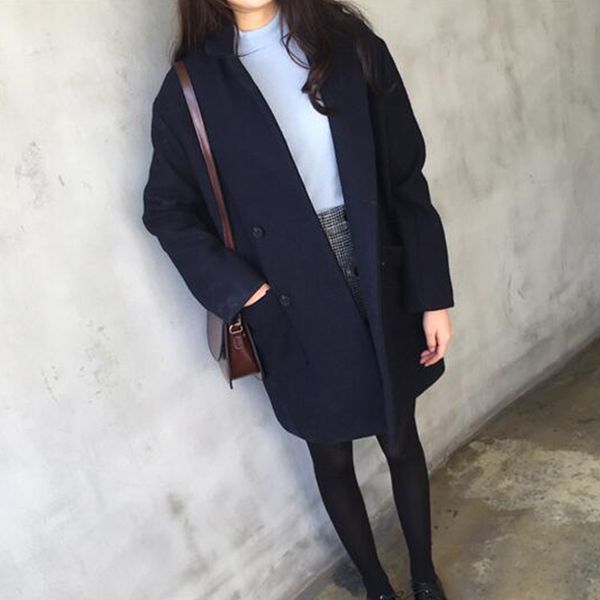 

2019 autumn winter new fashion woolen coat female mid long warm thick double-breasted outerwearat women cc782, Black