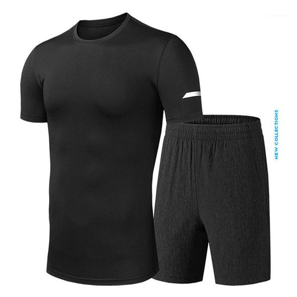 

quick drying mens tracksuits summer short sleeve breathable loose mens 2pcs sets sports crew neck sports male suits, Gray