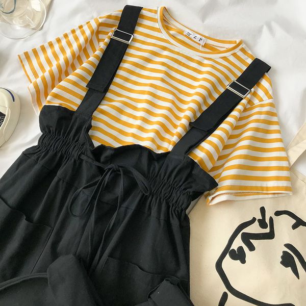

mooirue summer pants set women striped t-shirt + fashion overall white khaki pants outfits for women casual 2 pieces set