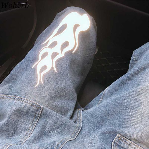 

woherb high waist jeans women harajuku korean clothes vintage straight casual trousers loose reflective flame wide leg pants, Blue