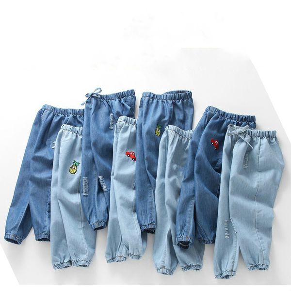 

kids boys pants summer cotton girls denim ripped jeans thin long trousers kids clothes years kids pants, Blue