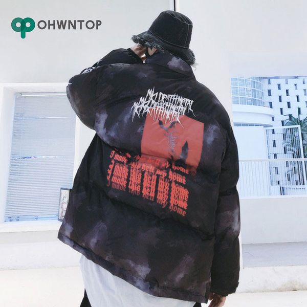 

fashion creative graffiti ink tie dye print parka jackets streetwear hip hop hipster punk rock cotton padded puffer parkas coat, Black